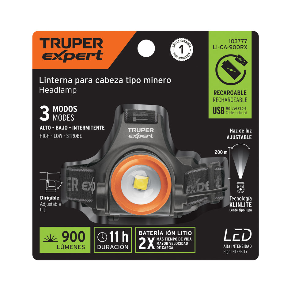 Linterna de minero LED 900 lm, recargable, TRUPER EXPERT