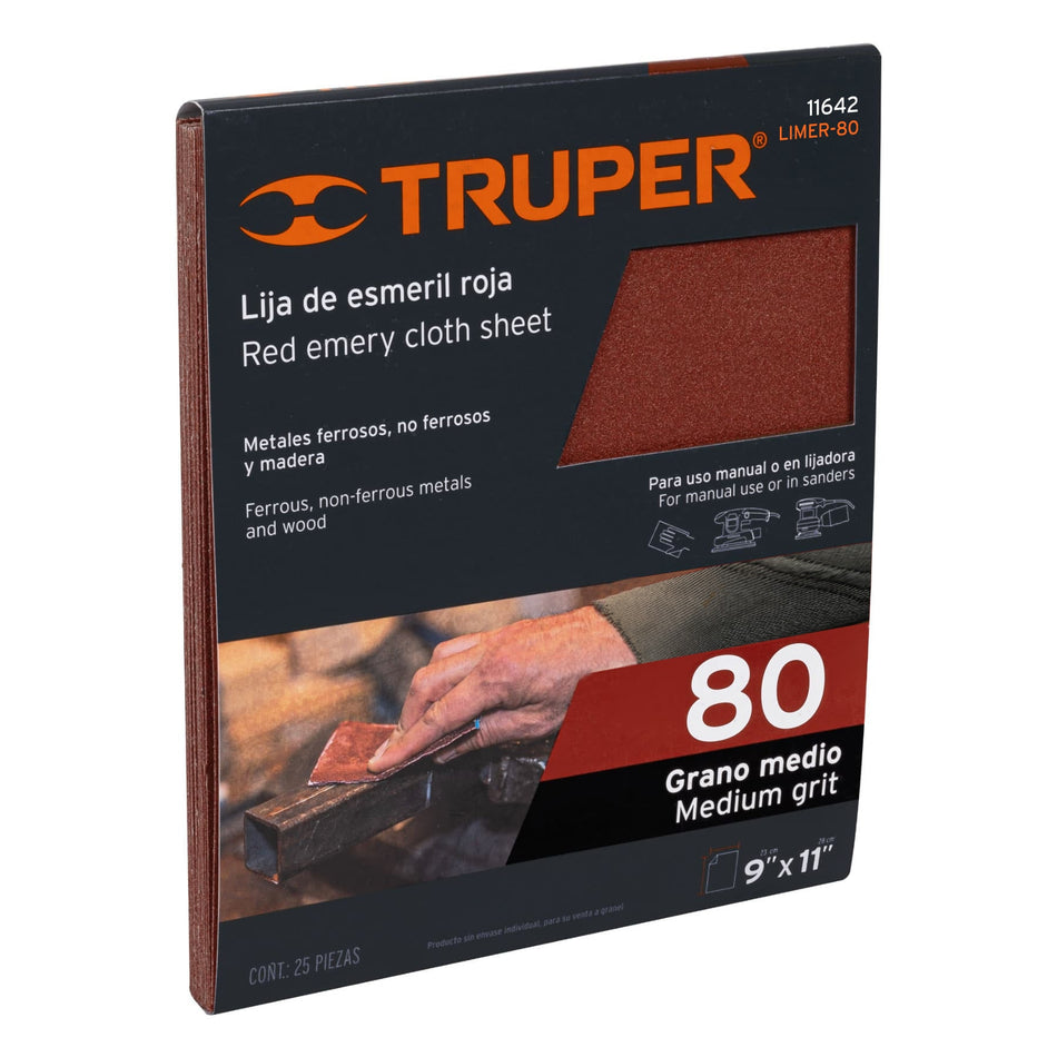 Lija de esmeril roja grano 80 de oxido de aluminio Truper