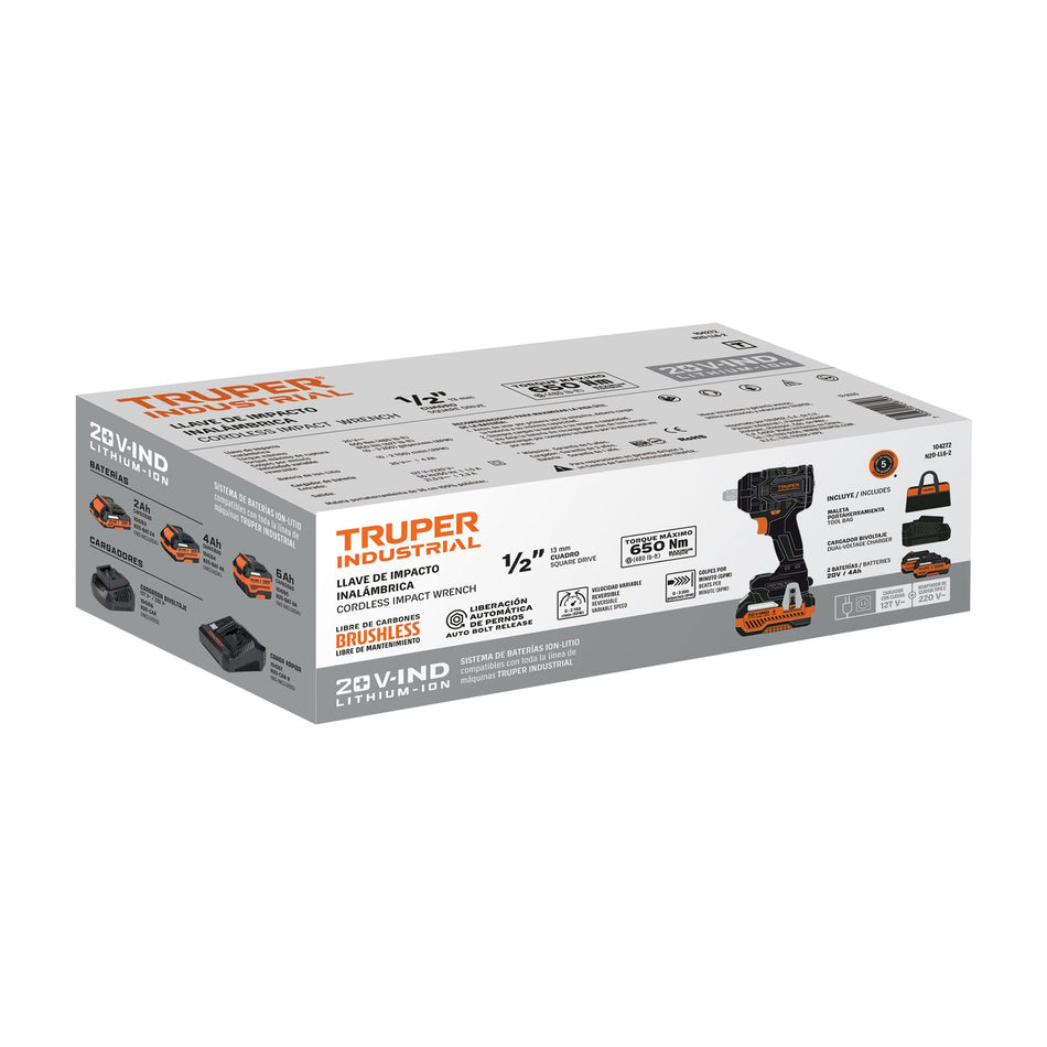 Llave de impacto 1/2" 20V, 650Nm, 2 baterías 4Ah, INDUSTRIAL