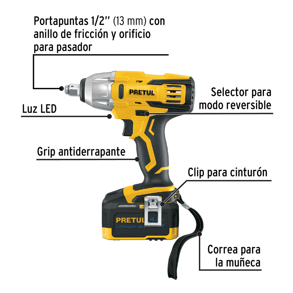 Llave de impacto 1/2" 20V 155 lb/ft 1 bateria 4Ah PRETUL