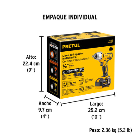 Llave de impacto 1/2" 20V 155 lb/ft 1 bateria 4Ah PRETUL