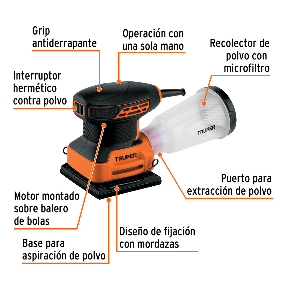 Lijadora orbital 1/4 hoja 240W TRUPER PRO