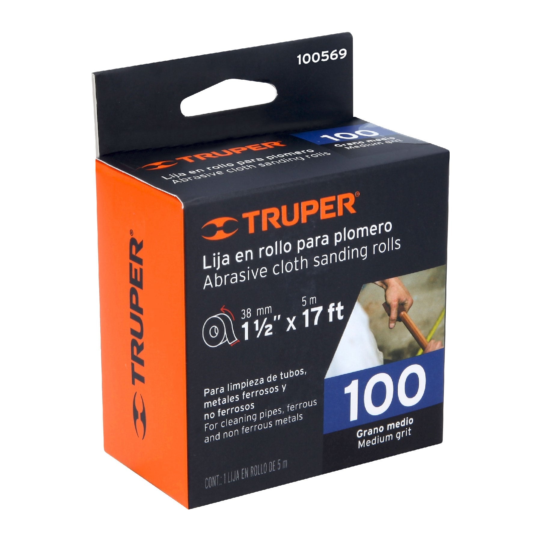 Rollo de 5 m de lija para plomero grano 100 ancho 1', Truper