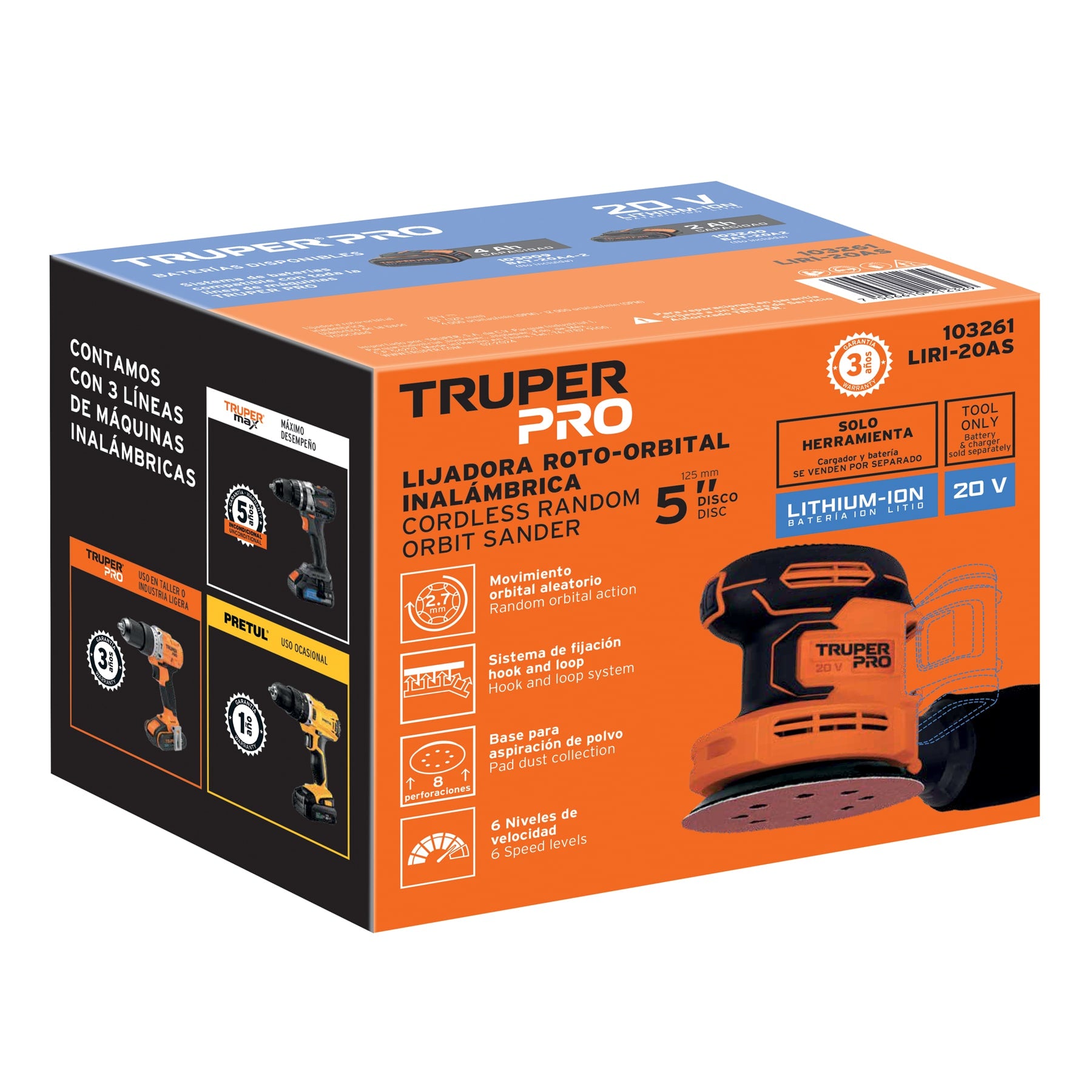 Lijadora roto-orbital 5" 20V sin accesorios TRUPER PRO