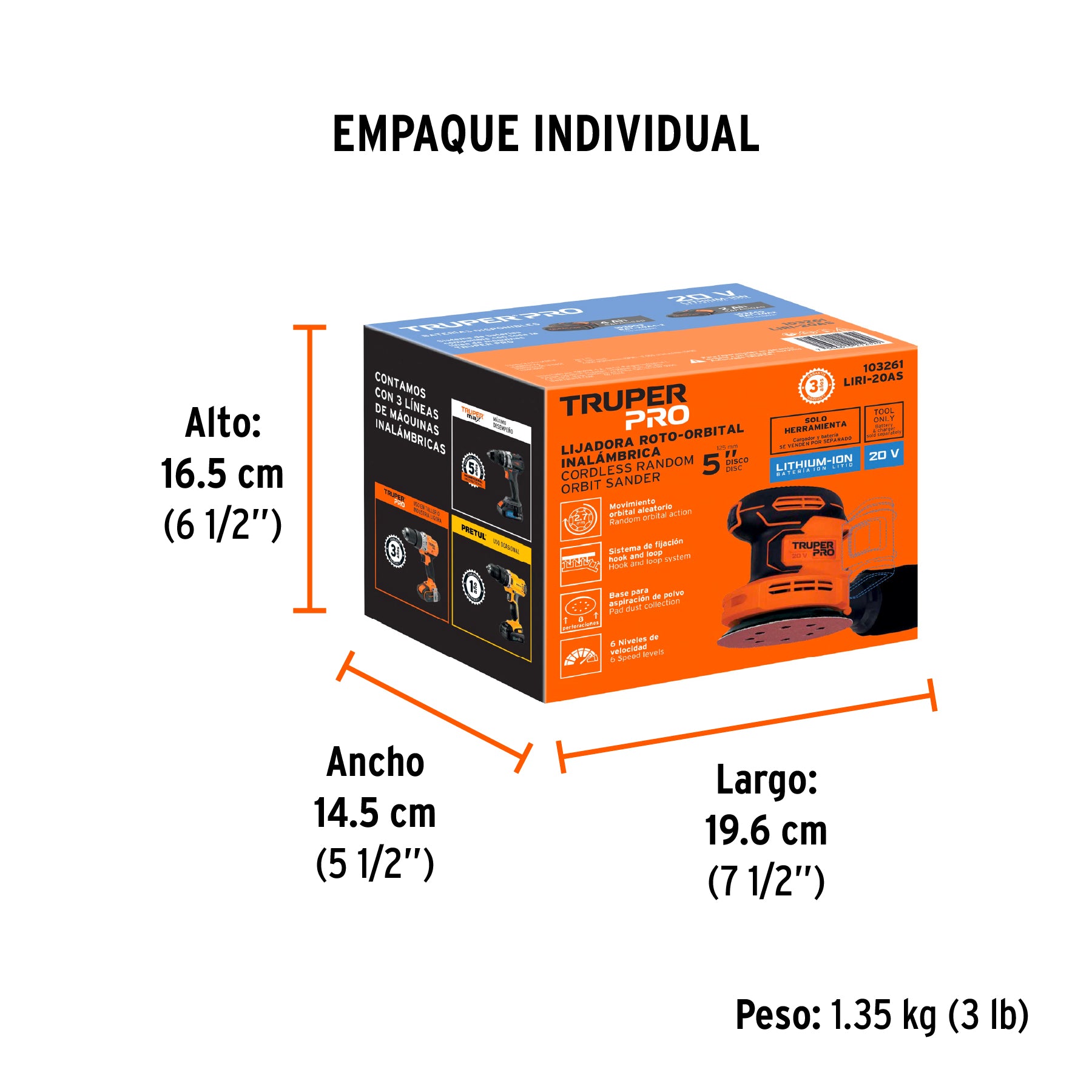 Lijadora roto-orbital 5" 20V sin accesorios TRUPER PRO