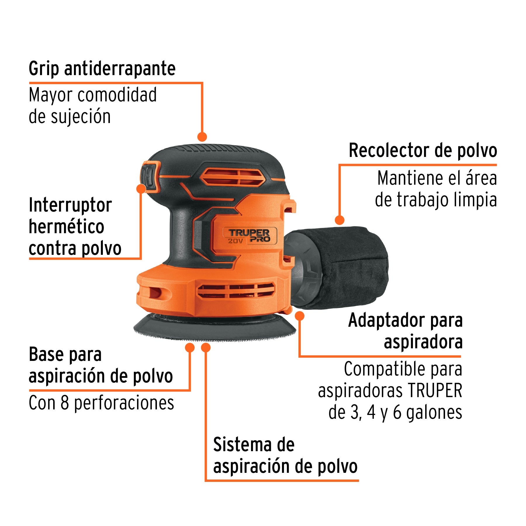 Lijadora roto-orbital 5" 20V sin accesorios TRUPER PRO