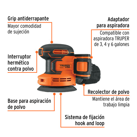 Lijadora roto-orbital 5" 20V 1 bateria 2Ah TRUPER PRO