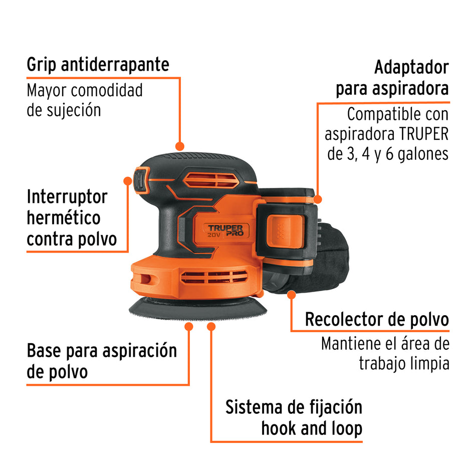 Lijadora roto-orbital 5" 20V 1 bateria 2Ah TRUPER PRO