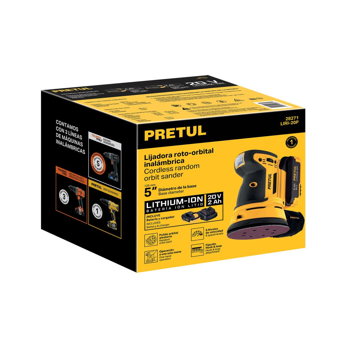 Lijadora roto-orbital 5" 20V 1 bateria 2Ah PRETUL