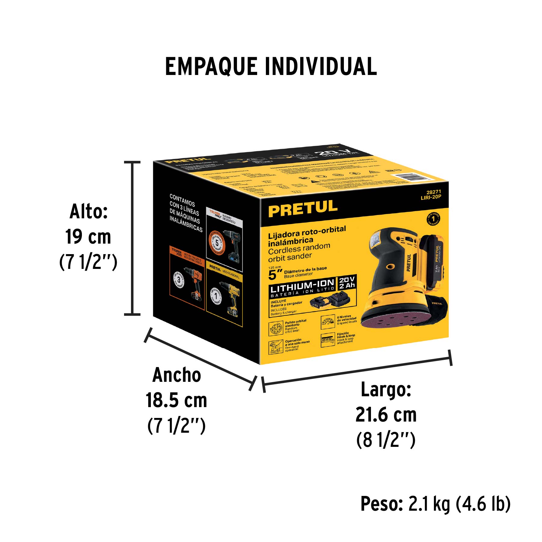 Lijadora roto-orbital 5" 20V 1 bateria 2Ah PRETUL