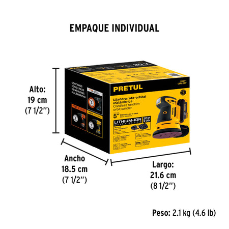 Lijadora roto-orbital 5" 20V 1 bateria 2Ah PRETUL