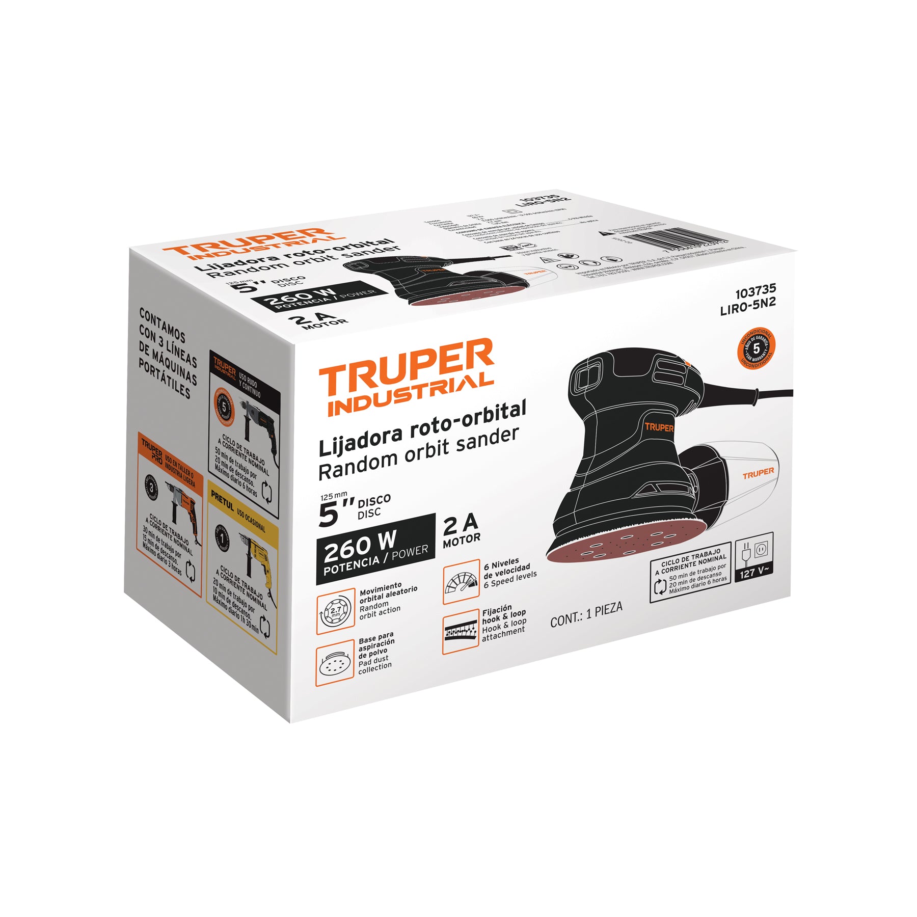 Lijadora roto orbital 5" 260W TRUPER INDUSTRIAL