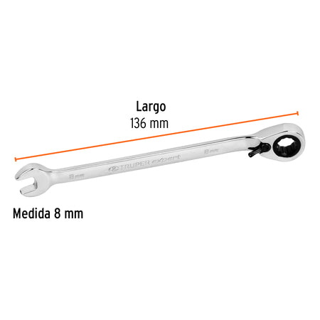 Llave combinada matraca reversible 8 mmx136 mm largo, Expert 8 mm, 136 mm