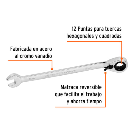 Llave combinada matraca reversible 8 mmx136 mm largo, Expert 8 mm, 136 mm