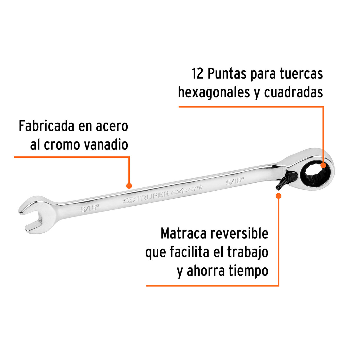 Llave combinada matraca reversible 5/16'x138 mm largo,Expert 5/16', 138 mm