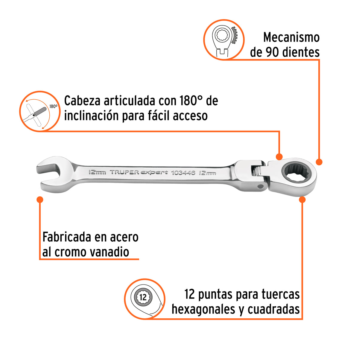 Llave combinada con matraca 12 mm flexible, Expert