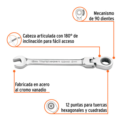 Llave combinada con matraca 12 mm flexible, Expert