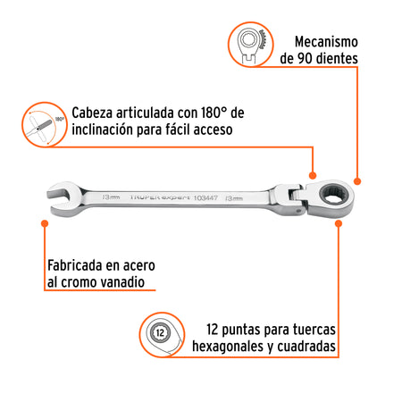 Llave combinada con matraca 13 mm flexible, Expert