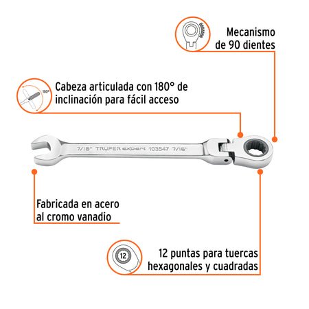 Llave combinada con matraca 7/16' flexible, Expert