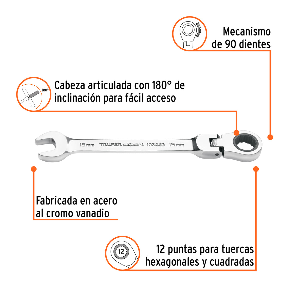 Llave combinada con matraca 15 mm flexible, Expert