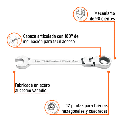 Llave combinada con matraca 15 mm flexible, Expert