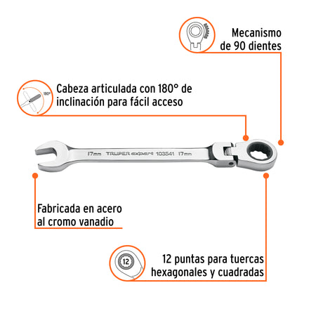 Llave combinada con matraca 17 mm flexible, Expert