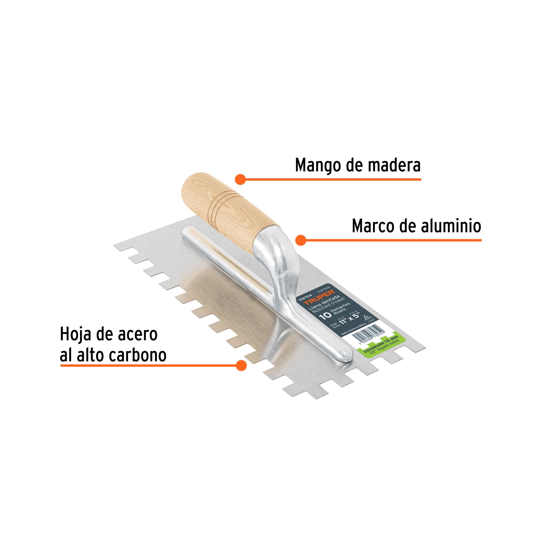 Llana 11' dentado cuadrado 1/2', 10 remaches, mango madera