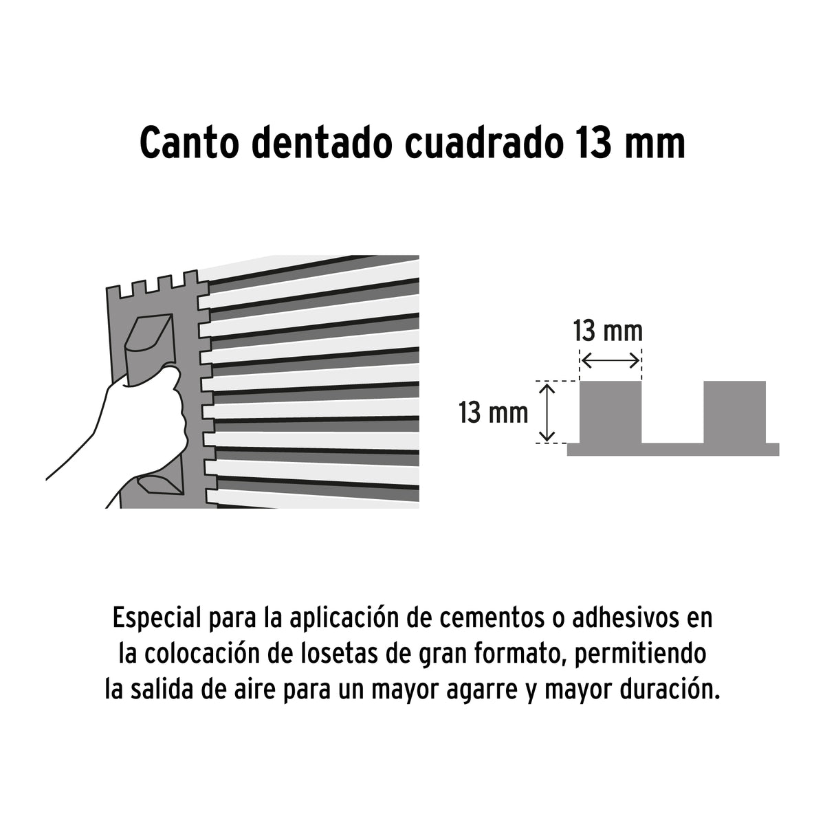 Llana 11' dentado cuadrado 1/2', 10 remaches, mango madera