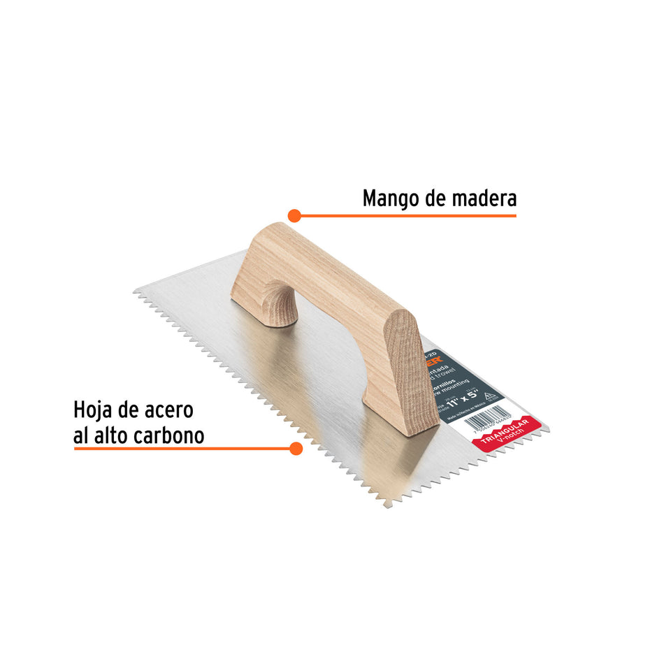 Llana 11' dentado triangular, tipo español, mango madera
