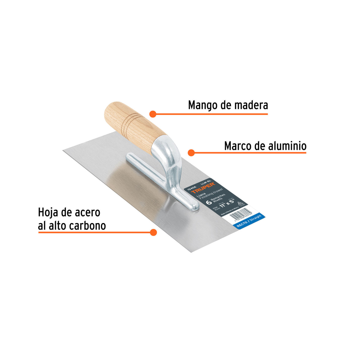 Llana 11' canto recto, 6 remaches, mango madera, TRUPER