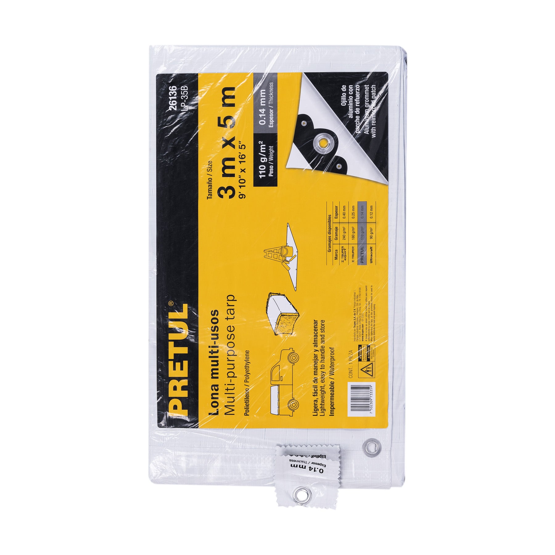 Lona de polietileno 3 x 5 m, blanca, 110 g/m2, PRETUL