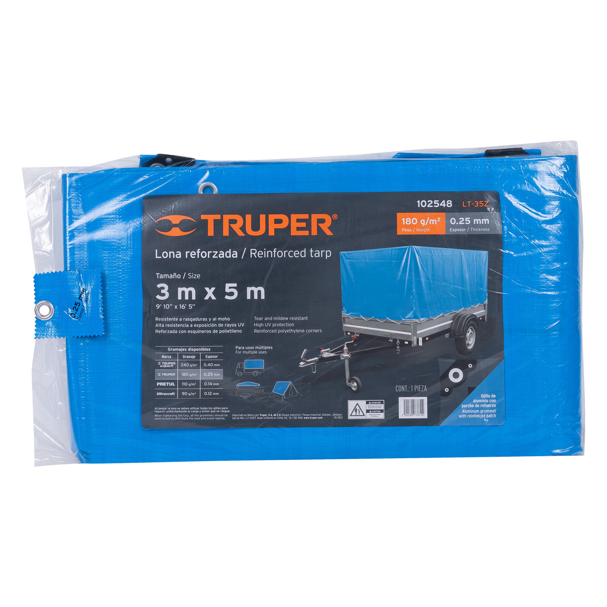Lona de polietileno reforzada 3 x 5 m, azul, 180g/m2, TRUPER