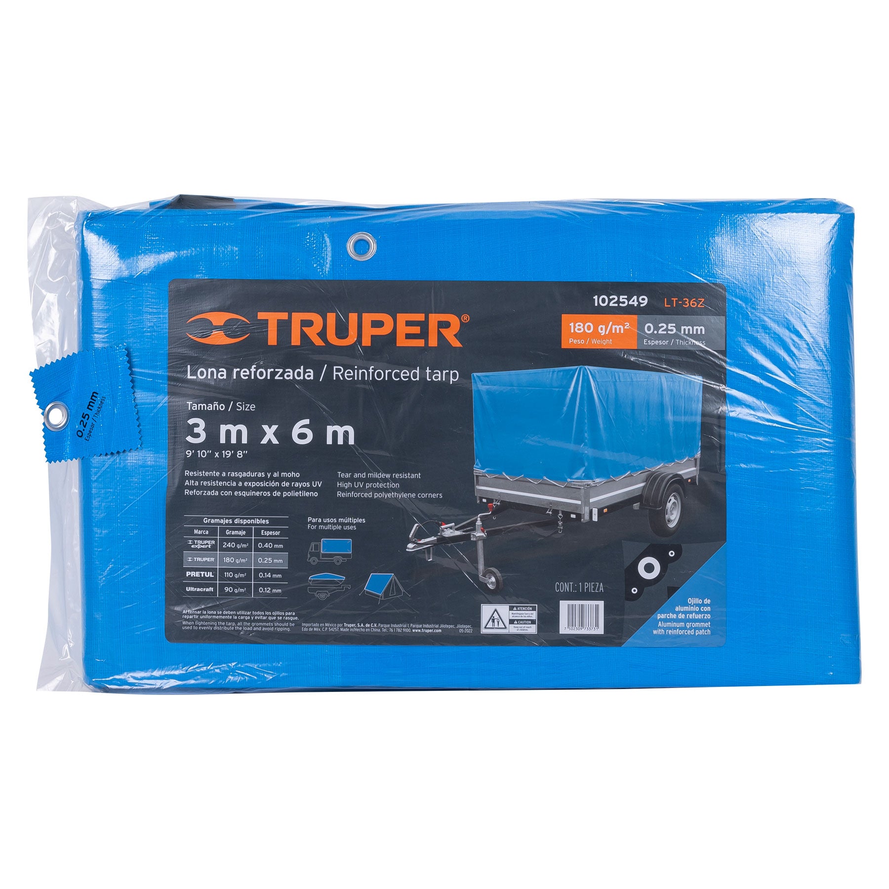 Lona de polietileno reforzada 3 x 6 m, azul, 180g/m2, TRUPER