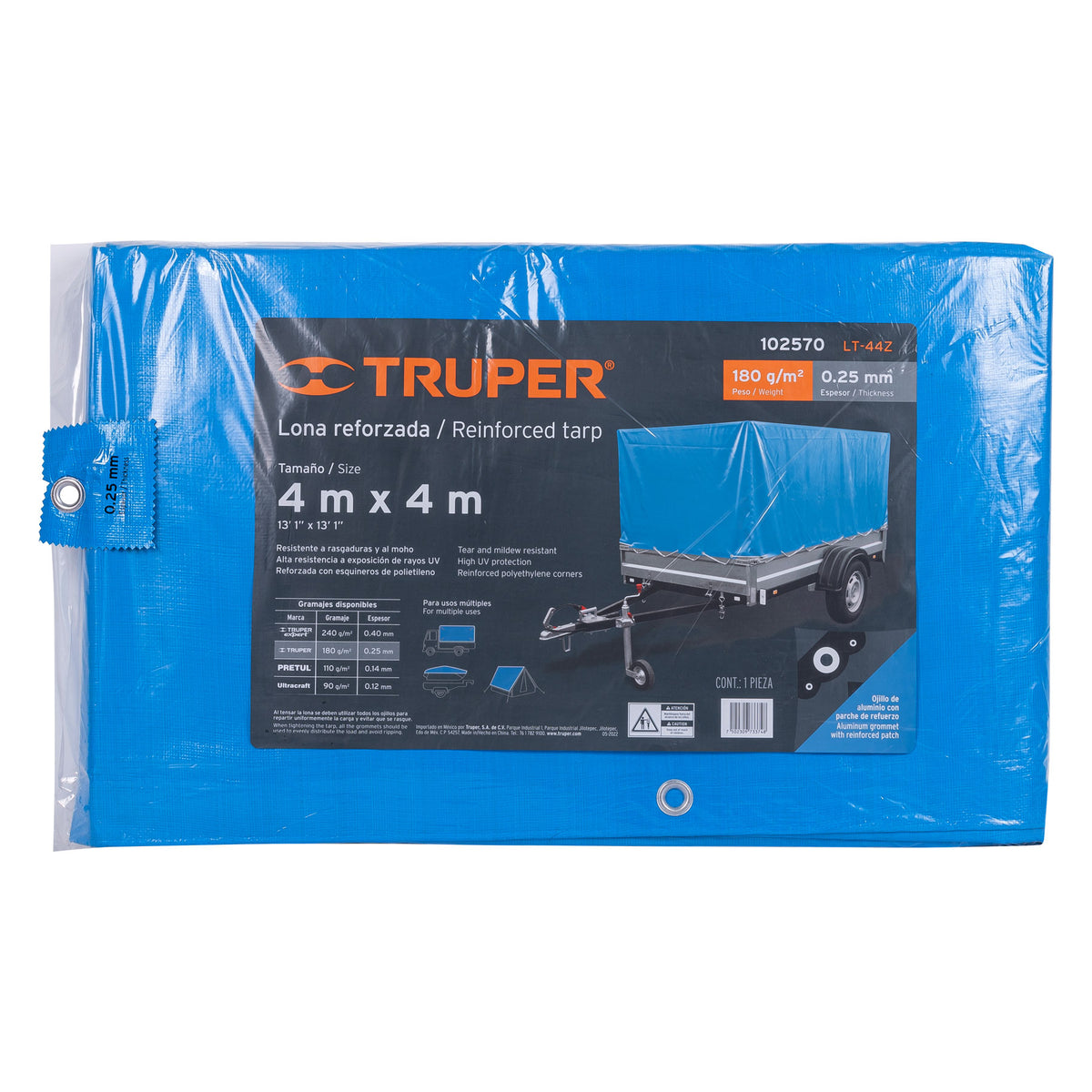 Lona de polietileno reforzada 4 x 4 m, azul, 180g/m2, TRUPER