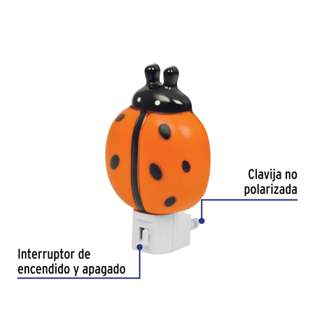 Luz de noche con lámpara E12, catarina, Volteck