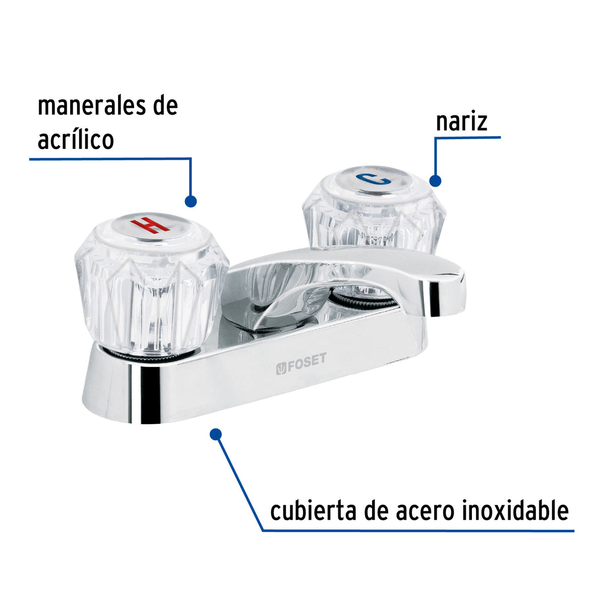 Mezcladora 4" para lavabo nariz larga manerales acrilico