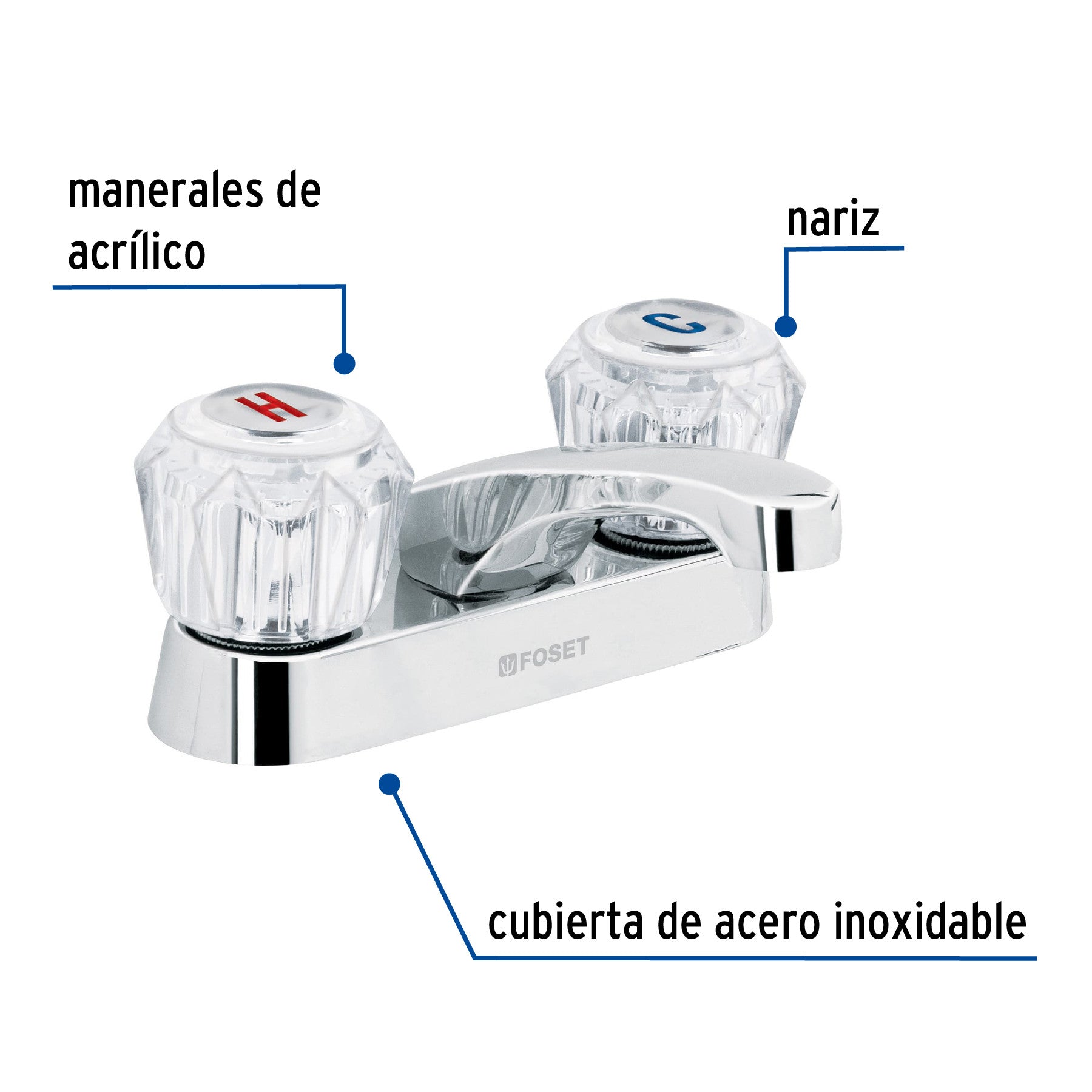 Mezcladora 4" para lavabo nariz larga manerales acrilico