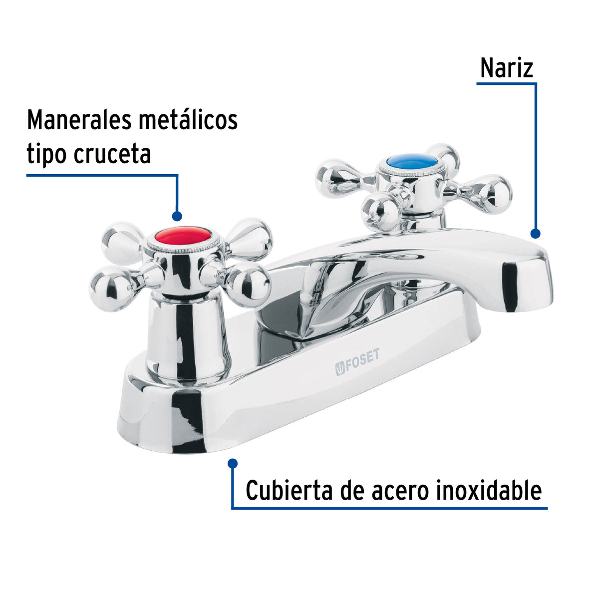 Mezcladora 4" para lavabo nariz larga manerales cruceta