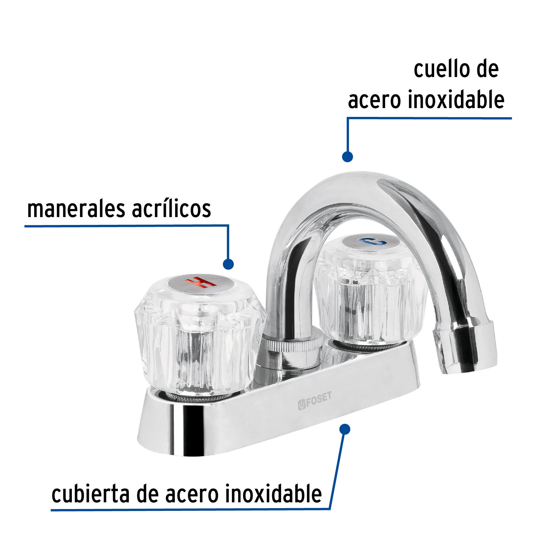 Mezcladora 4" para lavabo cuello curvo manerales acrilico