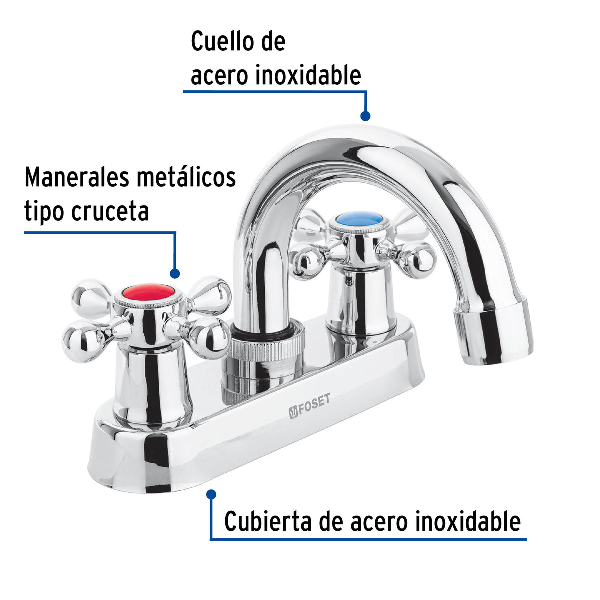 Mezcladora 4" para lavabo cuello curvo manerales cruceta