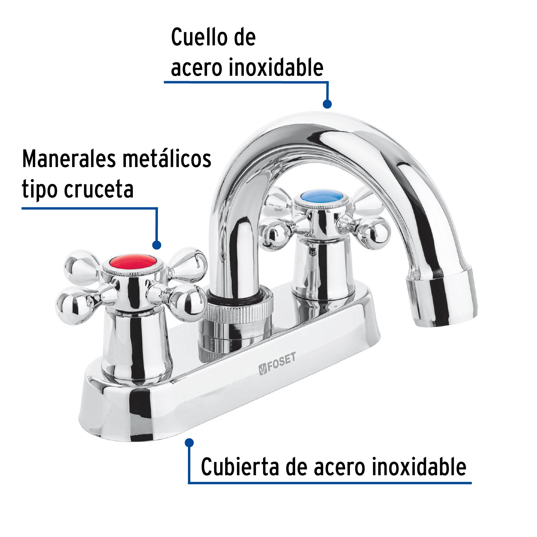 Mezcladora 4" para lavabo cuello curvo manerales cruceta