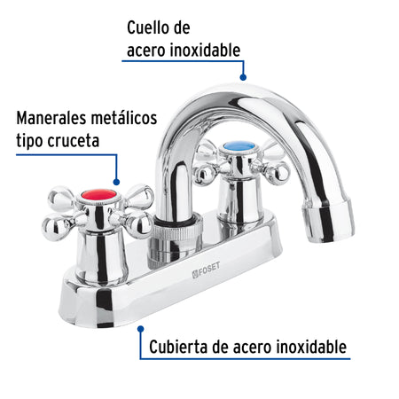 Mezcladora 4" para lavabo cuello curvo manerales cruceta
