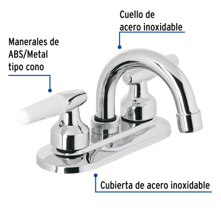 Mezcladora 4" para lavabo cuello curvo manerales cono