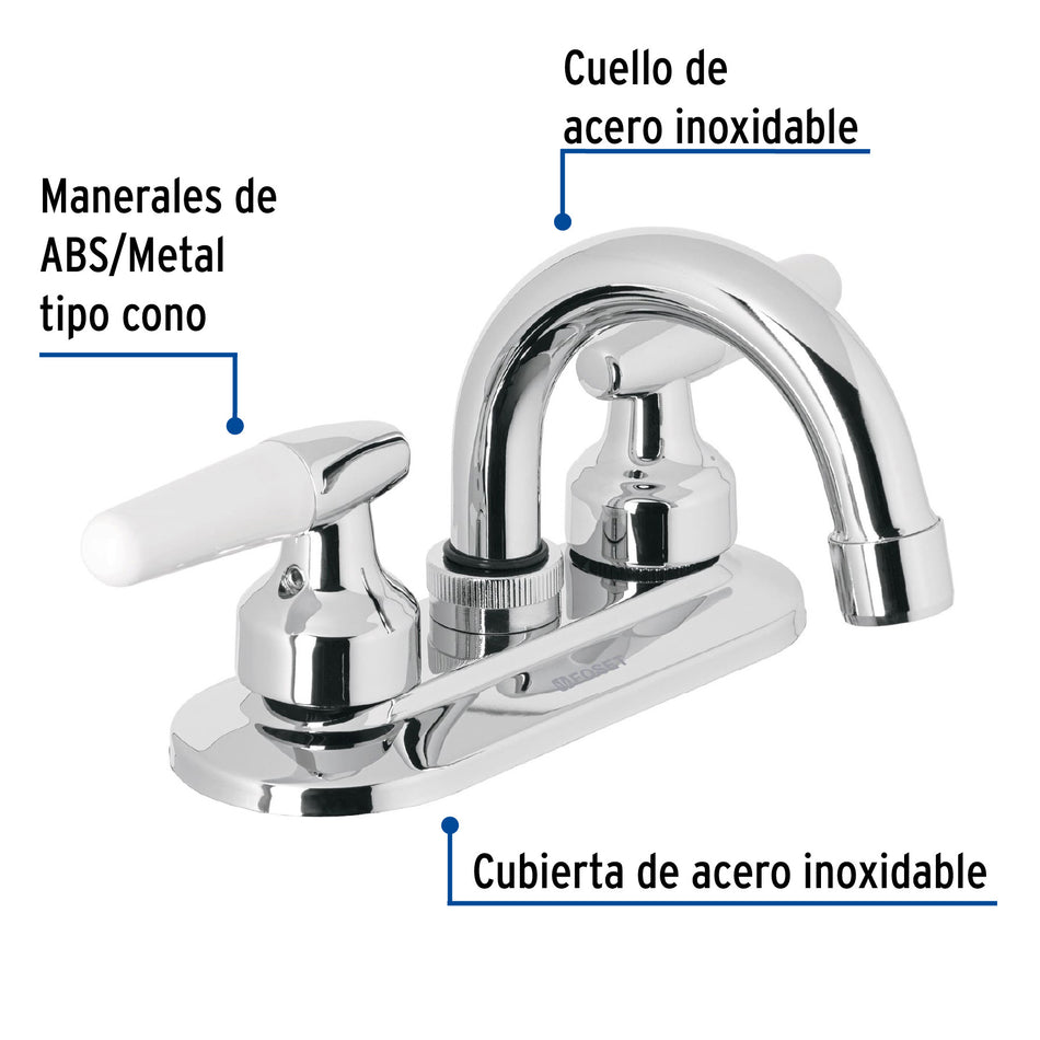 Mezcladora 4" para lavabo cuello curvo manerales cono
