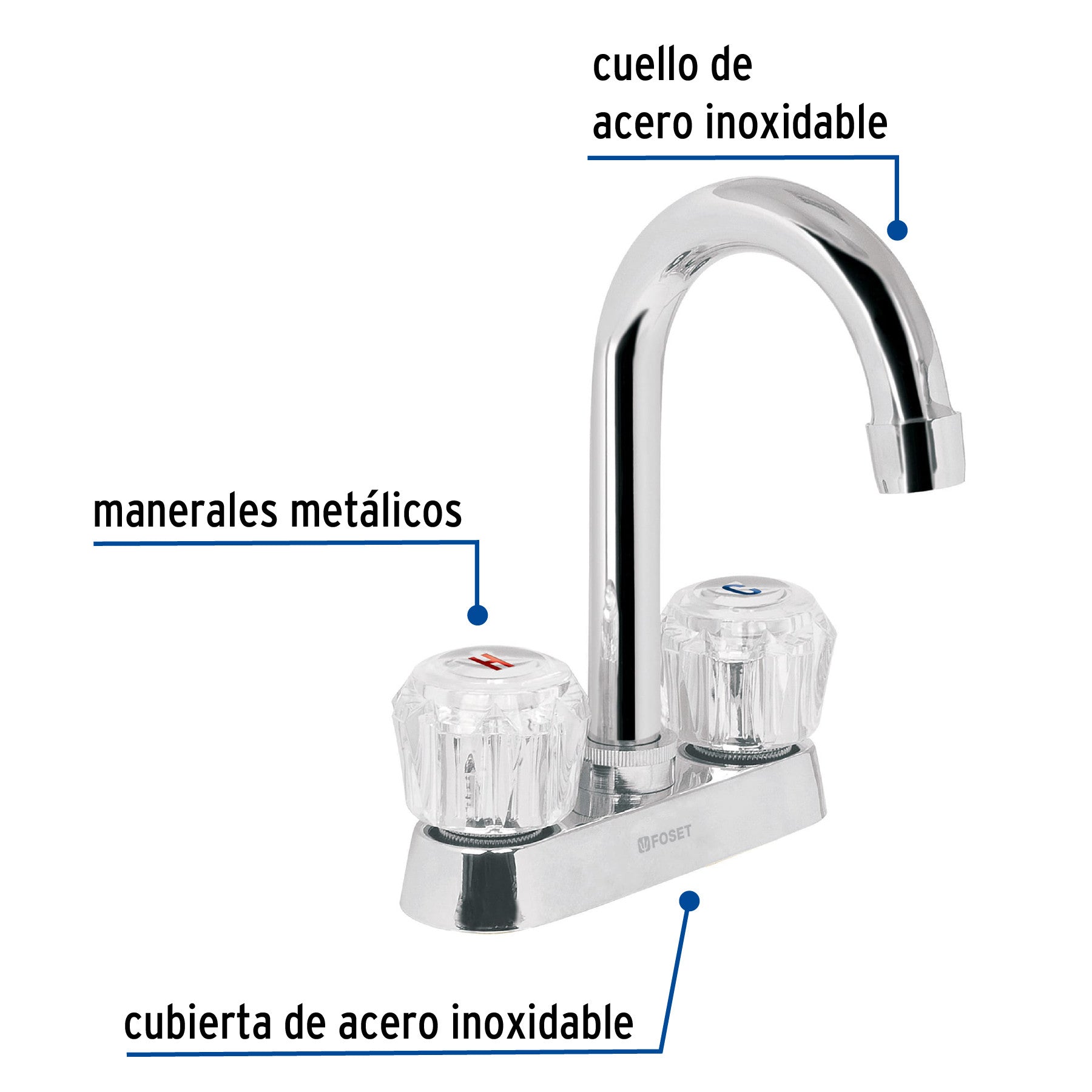Mezcladora 4" para lavabo cuello bar manerales de acrilico