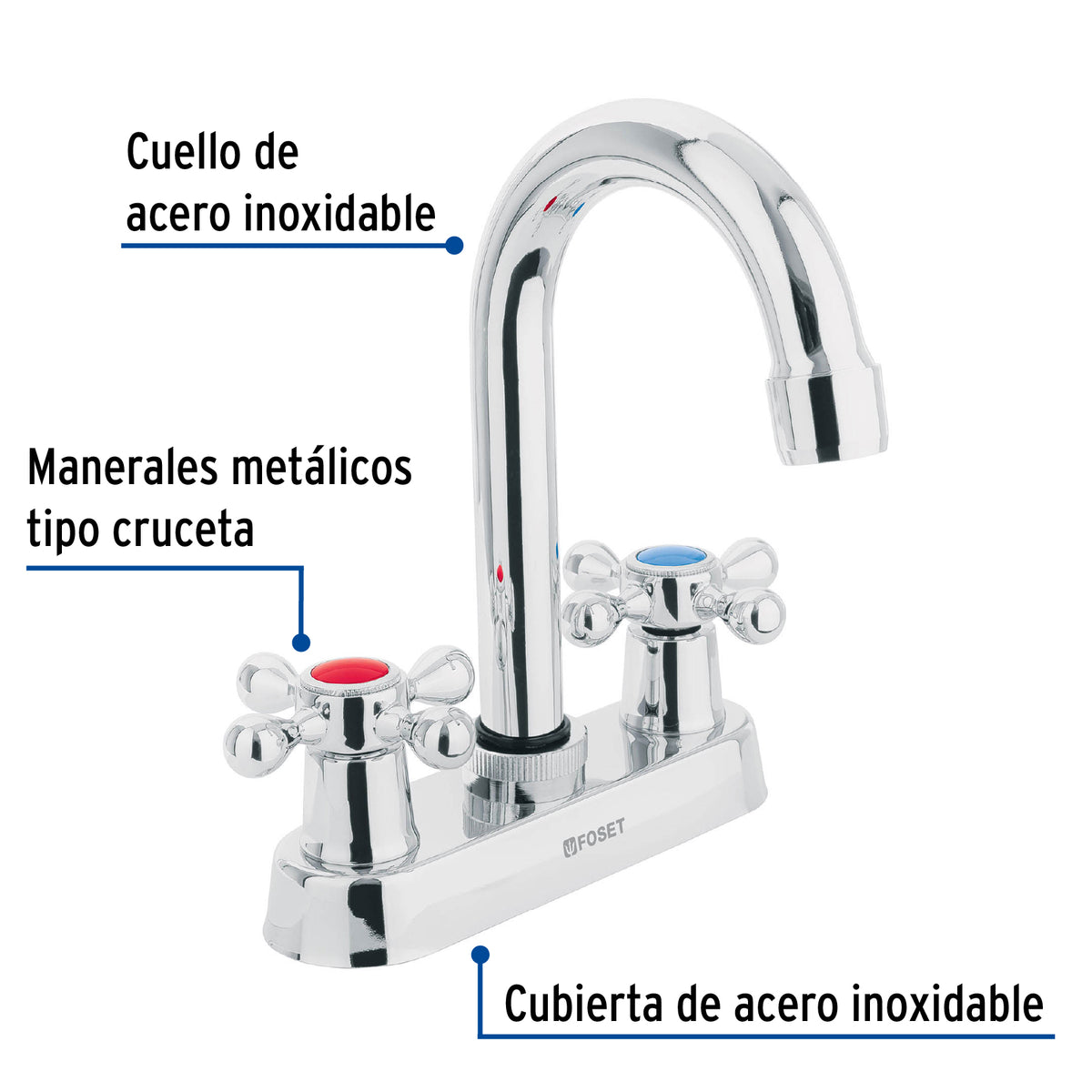 Mezcladora 4" para lavabo cuello bar manerales cruceta