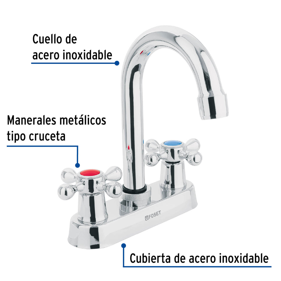 Mezcladora 4" para lavabo cuello bar manerales cruceta