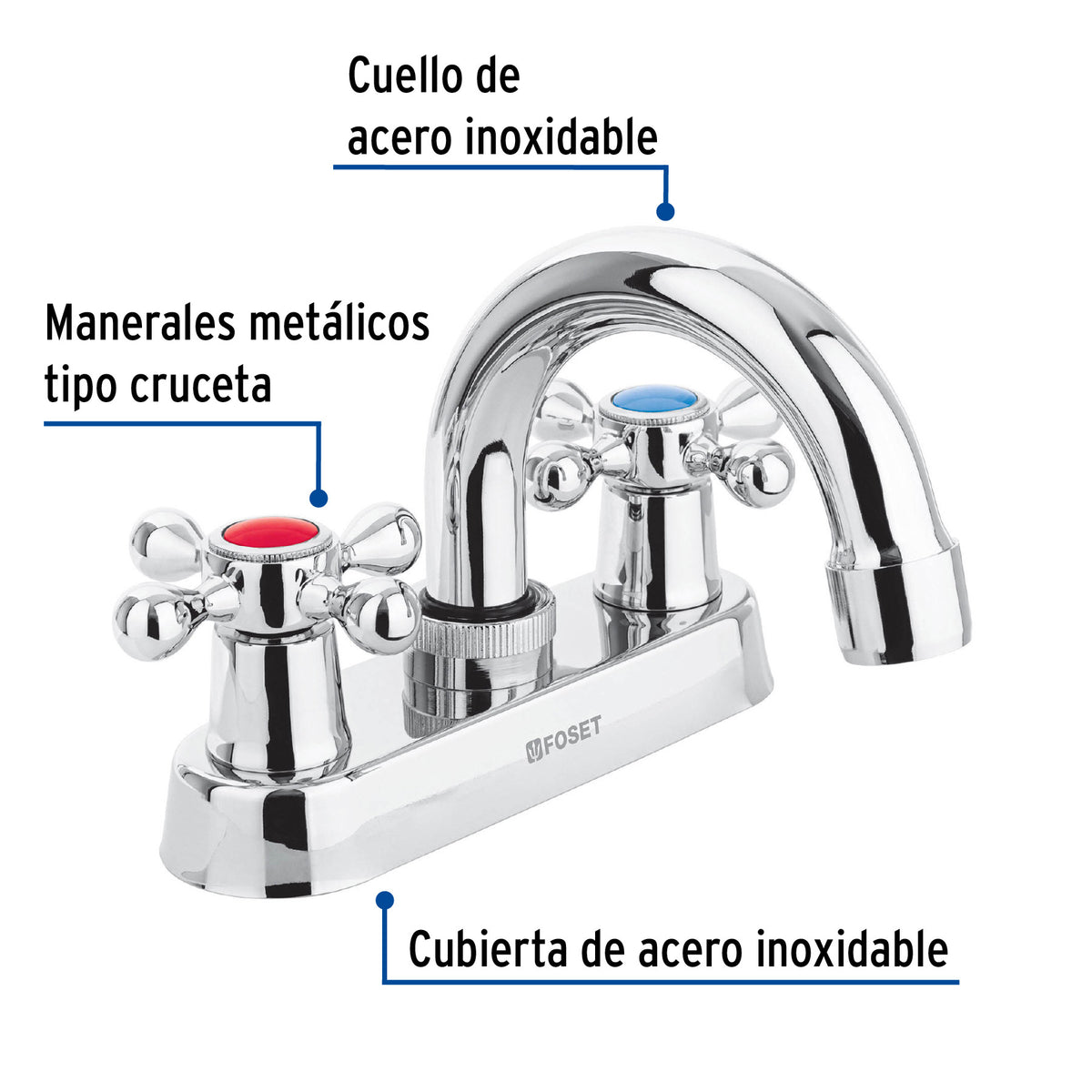 Mezcladora 4' para lavabo, cuello tubular, manerales cruceta