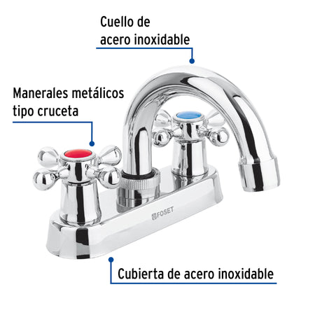 Mezcladora 4' para lavabo, cuello tubular, manerales cruceta