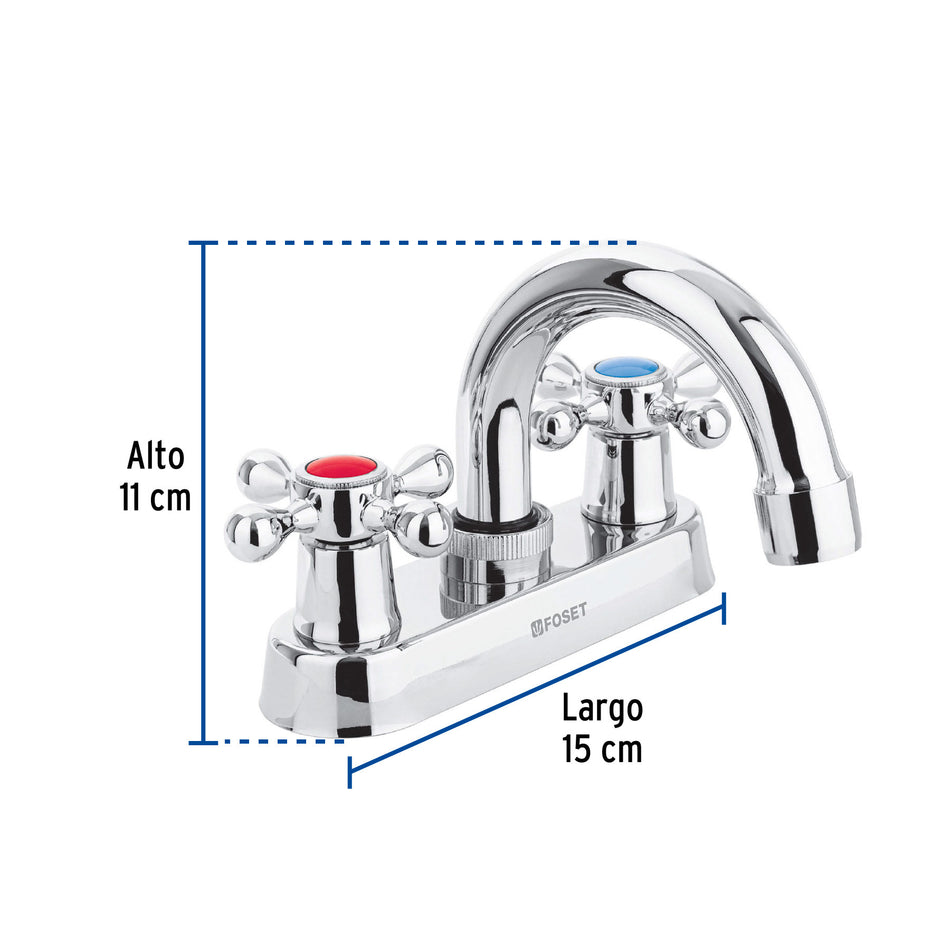 Mezcladora 4' para lavabo, cuello tubular, manerales cruceta